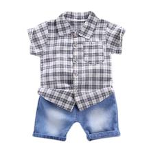 2019 novo verão crianças do bebê menino casual manga curta xadrez impressão camiseta topos + denim shorts ternos traje conjunto 0-5t 2024 - compre barato