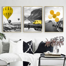 Cuadro de paisaje blanco y negro para decoración del hogar, lienzo nórdico, estampado de globo amarillo, pintura artística de pared para sala de estar y dormitorio 2024 - compra barato