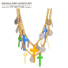 Neoglory Enamel Bohemian Chain Necklaces Light Yellow Gold Colorful Classic Statement Crosses Religious Charm For Women 2024 - buy cheap