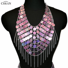 Chran Sexy Sequins Beads Crop Top Chain Rave Crystal Choker Necklace Halter Bra Bralette Bikini Wear Party Festival Body Jewelry 2024 - buy cheap