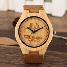 Relojes deportivos de madera para hombre y mujer, pulsera de cuarzo con grabado creativo de San Petersburgo, de madera de bambú, recuerdos rusos 2024 - compra barato