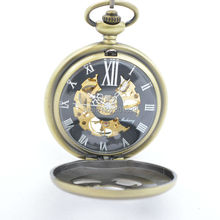 Hollow Case Black Dial  Romen Number Hand Wind Mechanical Skeleton Mens Pocket Watch Bronze Tone H206 2024 - buy cheap