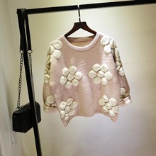 2021 outono inverno camisa de manga longa coreana camisa de malha com flores gola redonda adorável pulôver casual moda solta top 61967 2024 - compre barato
