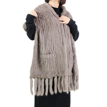 Harppihop*Luxury Women's Genuine Real Knitted rabbit Fur Scarves with Tassels Lady Pashmina Wraps Autumn Winter Women Fur Shawls 2024 - купить недорого