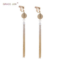 Grace jun brincos e brincos furados, pintura de material de coreia, cor dourada, clipe de borla longa, estilo coreano 2024 - compre barato