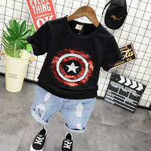 Baby Boys T Shirt With Changing Sequins 2019 Summer New Children's Cartoon T Shirt+jeans 2pcs Suit Boys Casual Tracksuit Sets 2024 - buy cheap