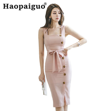 Modis 2019 Summer Wrap Dress Women Sleeveless Bandage Bodycon Pink Dress Women with Sashes Split Sheath Korean Ladies Dresses 2024 - buy cheap