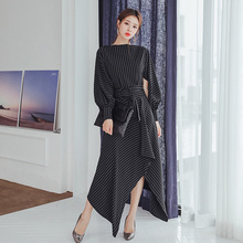 Elegant O-neck Irregular Striped Women Dress 2018 Split Sleeve Sashes Female Vestidos Office Ladies A-line Dress Autumn 2024 - buy cheap