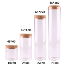 Terrario de tubo de prueba de vidrio transparente, contenedor de botellas de almacenamiento de especias con tapón de corcho, 65mm, 100ml/250ml/550ml/700ml, 4 Uds. De diámetro 2024 - compra barato