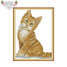 Joy Sunday DA199 14CT 11CT Counted and Stamped Home Decor The cat bites the flower Needlework Needlepoint Cross Stitch kits 2024 - buy cheap
