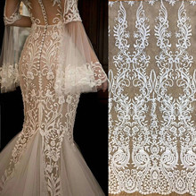 Free Shipping Imports White Sequins Embroidered Mesh Lace Fabric, Lace Wedding Dress Fashion Wedding Decoration Fabric RS1110 2024 - buy cheap