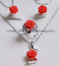 Pendientes de flor de Coral Rosa tallada a mano, anillo, conjunto de colgante de collar A06,> 12MM, envío gratis 2024 - compra barato