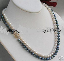 FYH free shipping 2 Rows 7-8MM White&Black FW Pearl Jewelry Necklace 2024 - buy cheap