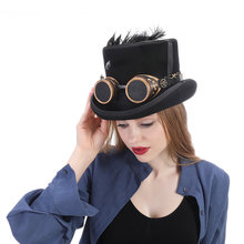Top 13.5CM Wool Women Men Steampunk Top Hat With Handmade Steam Punk Glasses Gear Feather  Fedora Cosplay Hat 2024 - buy cheap