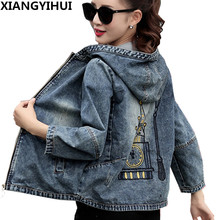 Plus Size 4XL 5XL 2018 Spring Bomber Jacket Women Embroidered Denim Jacket Bombers Hooded Jaqueta Jeans Women Basic Coats 2024 - buy cheap