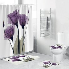 4PCS Flannel Surface Bathroom Mats Shower Curtain Non-Slip Rug Lid Toilet Cover Bath Mat Set Purple Flowers Print Decor Home 2024 - buy cheap