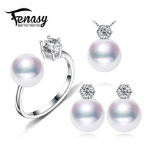 FENASY-Conjunto de joyería de compromiso para mujer, collar con colgante de perlas naturales, pendientes de tuerca, anillo de corona de 8-9mm 2024 - compra barato