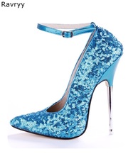 Мерцающие женские синие пикантные туфли-лодочки на высоком каблуке с острым носком; Женская обувь на металлическом каблуке; Модельные вечерние туфли на шпильках для клубных танцев 2024 - купить недорого