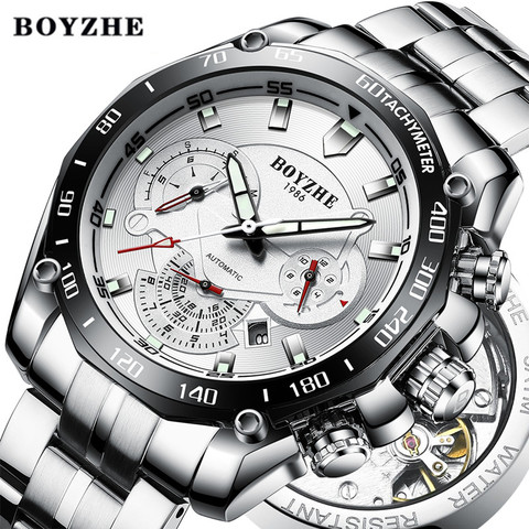 BOYZHE Men Automatic Mechanical Watch Sport Black Luminous Luxury Brand   Stainless Steel Gold es Relogio Masculino 2022 - buy cheap