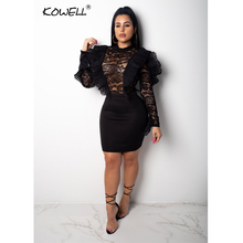 Ruffles Lace Perspective Hollow Out Dress Autumn Long Sleeve Slim Hip Package Dress Women Party Nightclub Bodycon Dress Vestido 2024 - buy cheap