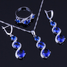 Сладкий круглый синий кубический цирконий белый CZ 925 стерлингового серебра ювелирные наборы для женщин серьги кулон цепи кольцо V0030 2024 - купить недорого