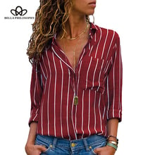 Bella philosophy blusa feminina listrada com decote em v, outono, casual, manga comprida, tamanho grande, camisa feminina, blusas vintage, chemise, femme 2024 - compre barato