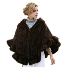 Genuine Mink Fur Cape/Shawl/Poncho /coat With Hoody hand knitting Women mink fur coat in stock Free shipping 2024 - buy cheap