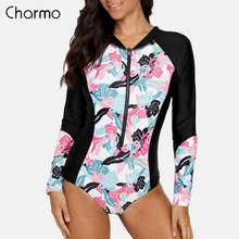 Женский цельный купальник Charmo, с длинным рукавом, на молнии, с рисунком Рашгард, для серфинга, топ, рашгарды UPF50 +, одежда для бега, велосипедная рубашка 2024 - купить недорого