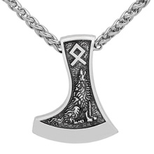 Men viking amulet axe rune wolf raven pendant axe necklace 2024 - buy cheap