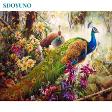 SDOYUNO-pintura acrílica sobre lienzo para decoración del hogar, pintura por números de animales de pavo real, arte de pared moderno para colorear por número 2024 - compra barato