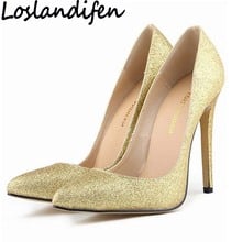 LOSLANDIFEN-zapatos de talla grande para mujer, calzado con lentejuelas brillantes, Dama de Honor de boda, tacones de aguja Ultra altos, 35-42 2024 - compra barato