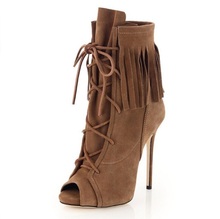 Fashion Brown Suede Women Autumn Boots Peep Toe Lace-up Fringe Tight High Heels Ladies Boots Cut-out Tassel Women Ankle Boots 2024 - buy cheap
