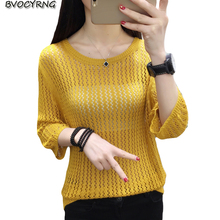New Women Summer Thin Knit Sweater V-Neck Hollow Fashion Big Size Ladies Spring Bottom Half sleeve Loose Tops Female Pullover 2024 - buy cheap