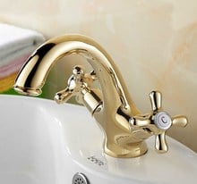 Grifos de latón de Color dorado para baño, grifo mezclador de lavabo, cuello de cisne, mangos dobles montados en cubierta, un solo orificio, anf061 2024 - compra barato