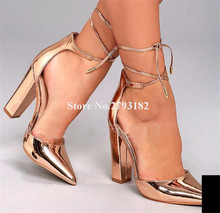 New Fashion Women Charming Pointed Toe Gold Patent Leather Chunky Heel Pumps Lace-up Thick High Heels Formal Dress Shoes 2024 - buy cheap