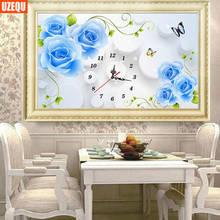 UzeQu Full Diamond Embroidery 5D DIY Diamond Painting Cross Stitch Wall Clock Blue Rose Watch Mosaic Painting Rhinestones Decor 2024 - buy cheap