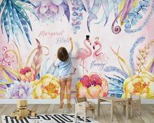 Mural papel de parede personalizado 3D flamingo cor de rosa decoração do quarto das crianças fundo decoração da parede pintura 2024 - compre barato