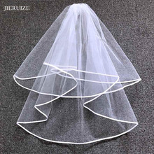 JIERUIZE Ribbon Edge Cheap Wedding Veils With Comb two layers Simple Short Bridal Veil Wedding Accessories 2024 - buy cheap