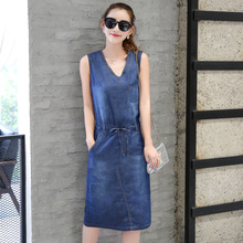 Women Summer Dresses Female Blue Plus Size V-neck Sleeveless Strapless Denim Dress for Women's Lacing Slim Thin Long Dress 2024 - buy cheap