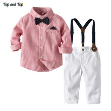 Conjunto de roupas para garotos de primavera/outono, 2 pçs, camisa listrada com manga longa + calças com suspensórios 2024 - compre barato