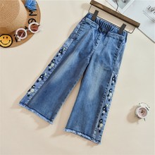 Denim Wide Leg Pants for Baby Girl Clothes Children Clothing Floral Cowboy Casual Trousers Kids Loose Pants Girl Jeans Fashion 2024 - buy cheap