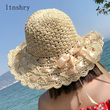 Chapéus de sol de verão para mulheres, chapéu de palha com renda de algodão macio, design da moda grande, chapéu de sol para praia, dobrável, chapéu de palha com laço salgado, novo, 2019 2024 - compre barato