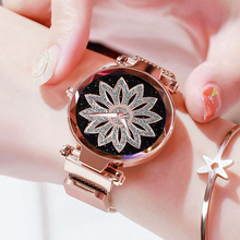 Relógio feminino visor céu estrelado, relógio de pulso pulseira de strass flor rosa dourado aço quartzo 2024 - compre barato