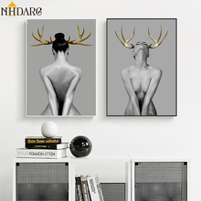 Arte moderna em tela, pôsteres e impressões, nórdico, parede, arte, pintura, antler, menina, retrato, imagem decorativa para sala, decoração de casa 2024 - compre barato