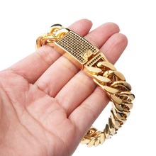 Pulseira bracelete masculina 15mm de aço inoxidável 316l, bracelete de corrente cubana com tom de ouro de alta qualidade 7 "-11" 2024 - compre barato