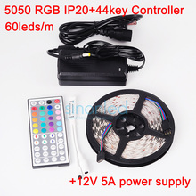 5M RGB SMD5050 Non-Waterproof 60LEDs/M DC12V LED Flexible Strip 300 LEDs+mini 44 Keys Remote Controller+12V 5A Power Adapter 2024 - buy cheap