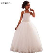 A-line Hater Neck Beaded Flower Girl Dresses Long Ivory Tulle Wedding Party Gowns With Lace Edge abito comunione FLG106 2024 - buy cheap