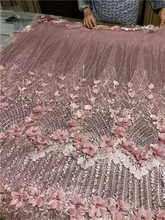 African Beaded Lace Fabric 2019 High Quality Lace Wine Bridal 3D Flower Lace Fabric Nigerian Tulle Mesh Lace Fabrics Material 2024 - buy cheap