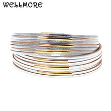 Wellmore pulseiras de couro com pingente de tubo de cobre, pulseiras femininas e masculinas, joias estilosas para casais 2024 - compre barato