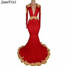 JaneVini Sexy Deep V Neck African Red Prom Dresses Plus Size Long Sleeve Gold Appliques Beaded Satin Mermaid Evening Party Gowns 2024 - buy cheap